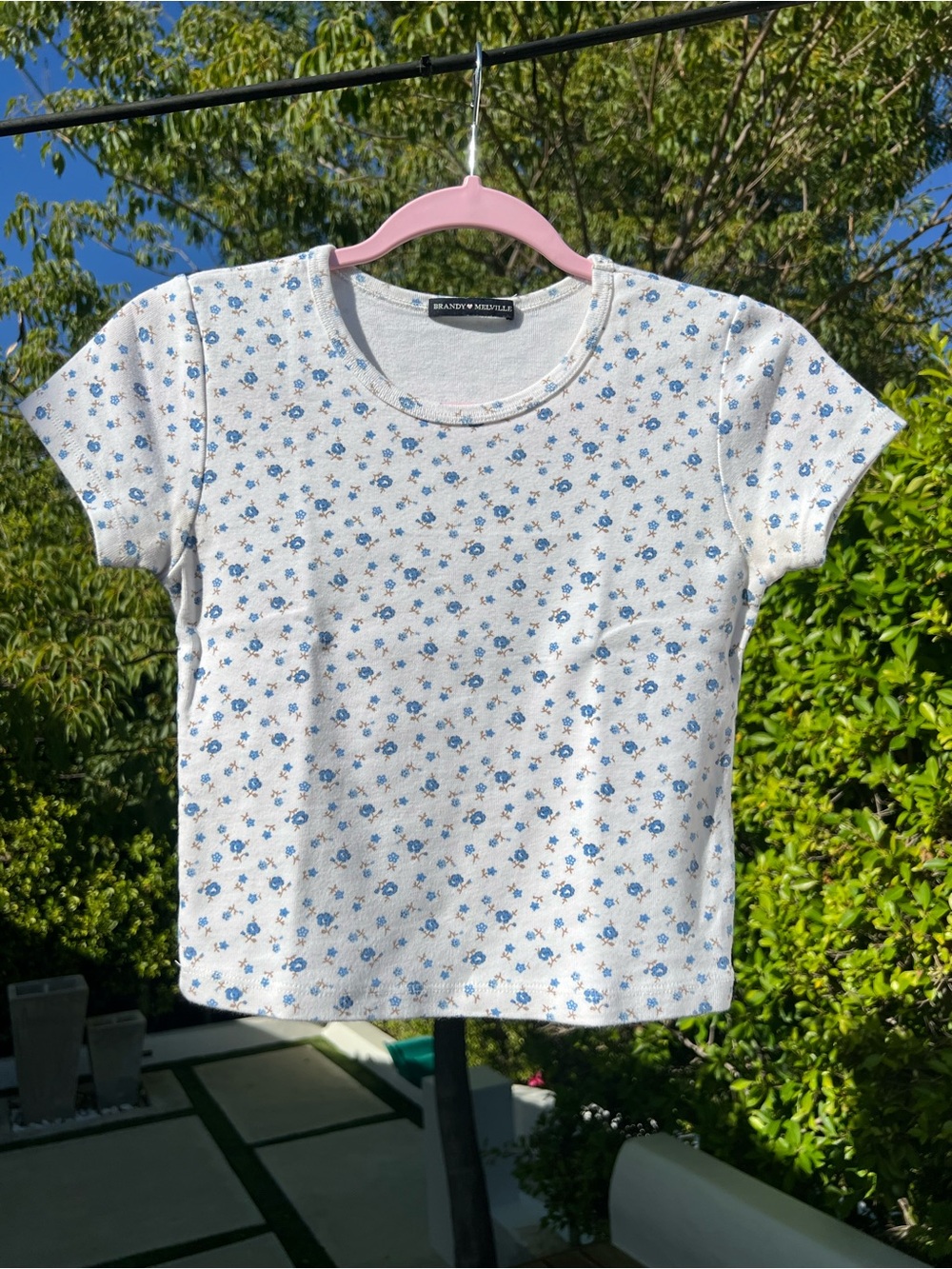 Brandy Melville White Crop Tee with Blue Tiny Floral Print
Excellent condition